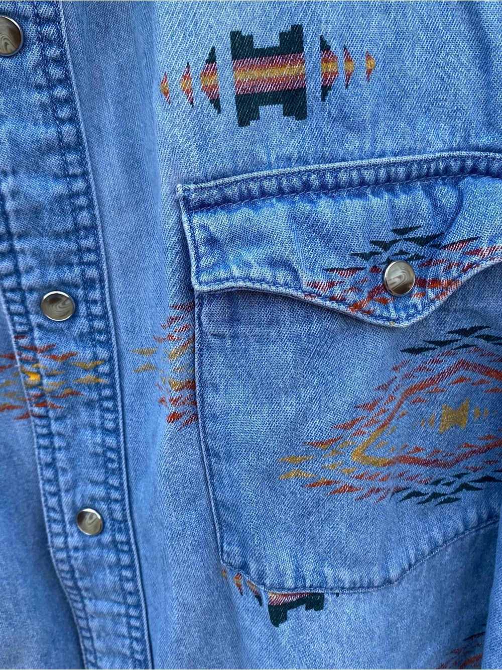 Vintage Wrangler Western Pearl Snap Shirt Men's Large Denim Aztec Southwest - Picture 4 of 6